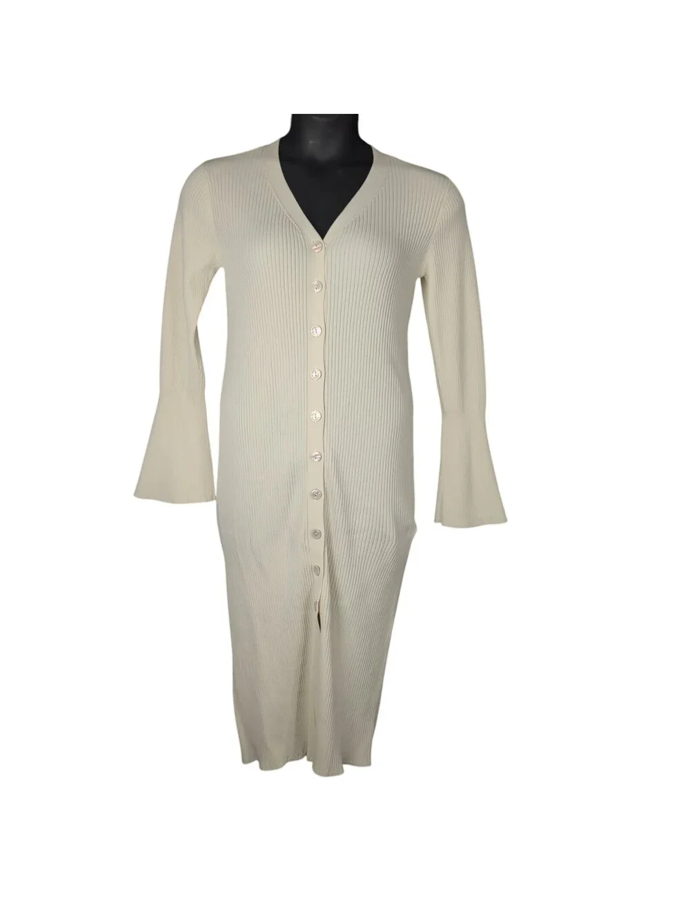 A New Day Ribbed Button Front Midi Sweater Dress Cream Ivory M Bell Sleeve
